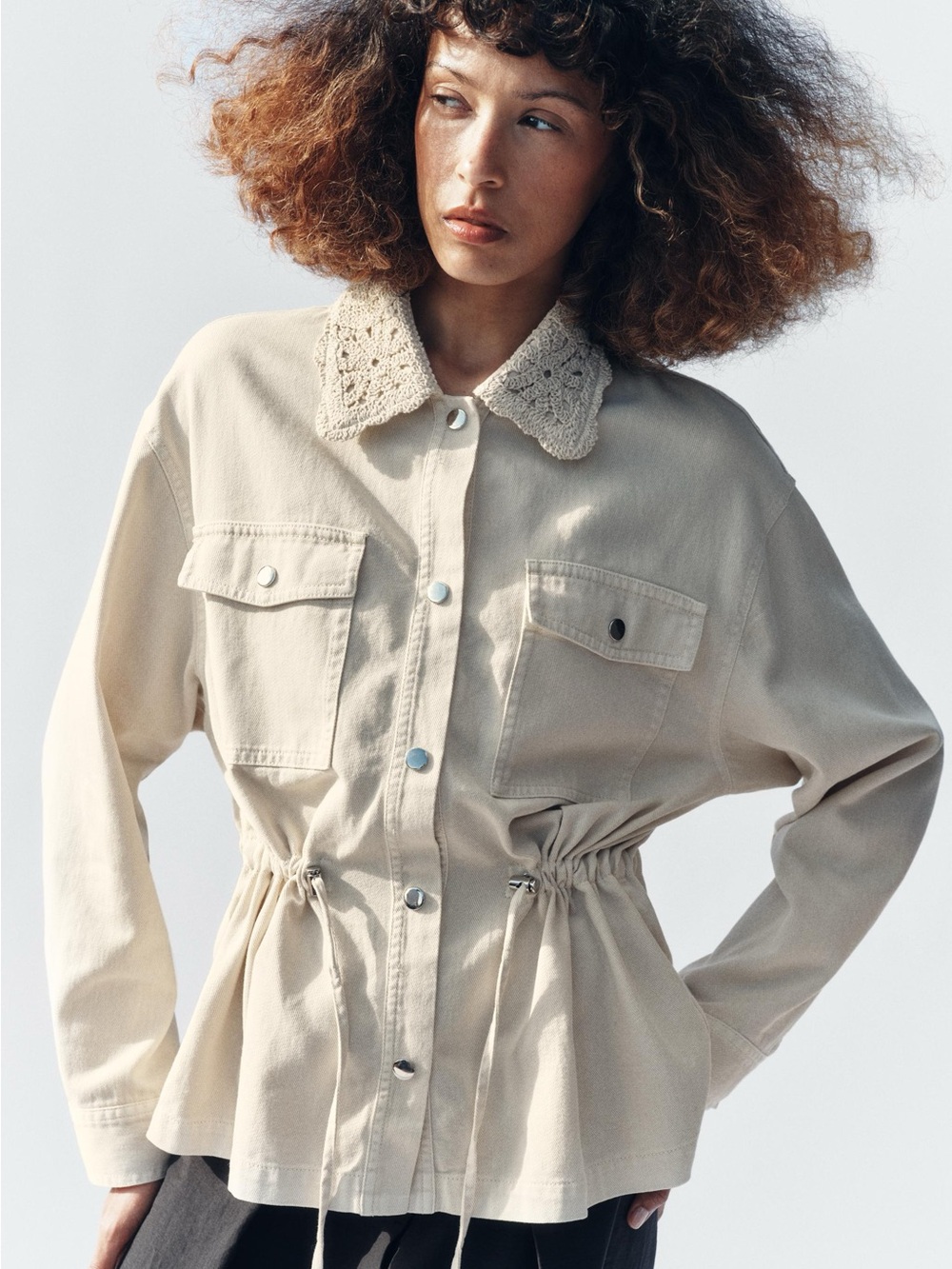 Zara Cream Drawstring Utility Jacket with Crochet Collar
